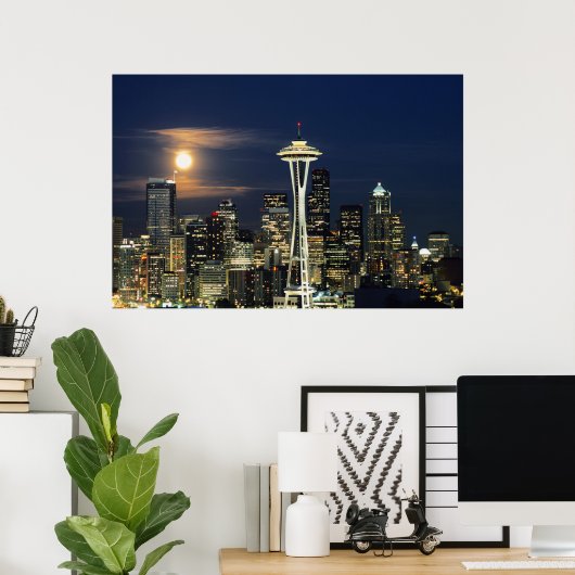 Washington, Seattle, Skyline 's nachts van Kerry 1 Poster (Thuiskantoor)