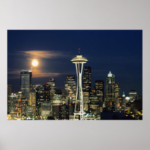 Washington, Seattle, Skyline 's nachts van Kerry 1 Poster