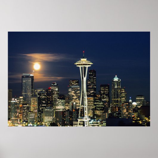 Washington, Seattle, Skyline 's nachts van Kerry 1 Poster (Voorkant)