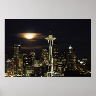 Washington, Seattle, Skyline 's nachts van Kerry 2 Poster