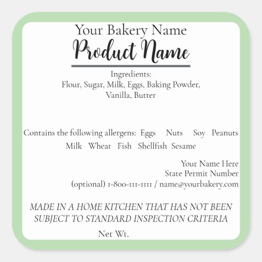 Washington St. Cottage Food Business Baking Label (Voorkant)