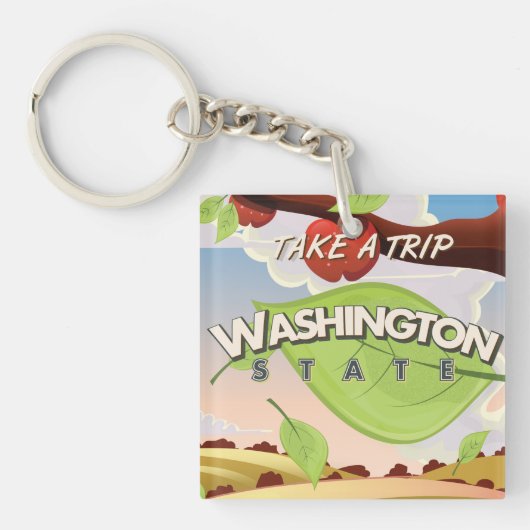 Washington State Appelboom Reisposter Cartoon. Sleutelhanger (voorkant)
