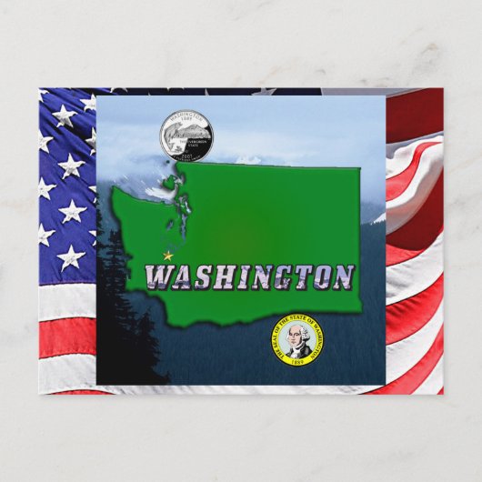 Washington State Kaart Faux Quarter, Zegel, Bergen (Voorkant)