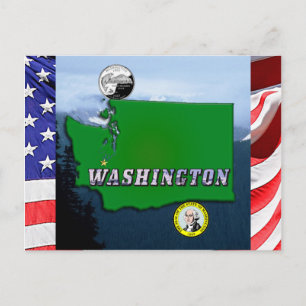 Washington State Map Faux Quarter, Seal, Mountains Briefkaart
