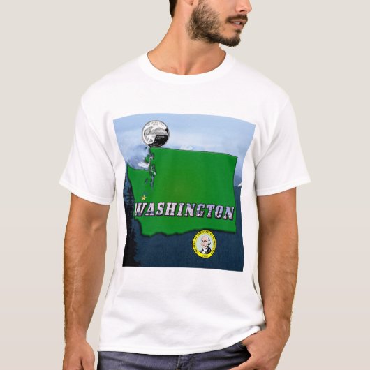 Washington State Map Faux Quarter, Seal, Mountains T-shirt (Voorkant)