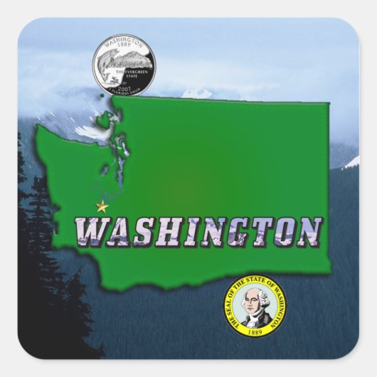 Washington State Map Faux Quarter, Seal, Mountains Vierkante Sticker (Voorkant)