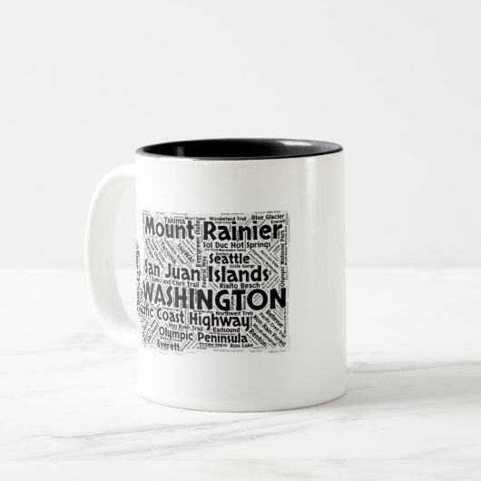Washington State Word Cloud Tweekleurige Koffiemok (Voorkant links)