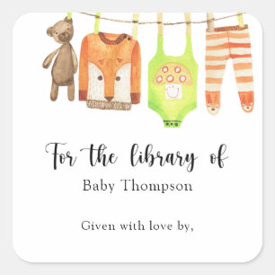 Waslijn babyborrel ex libris, boeken voor baby vierkante sticker