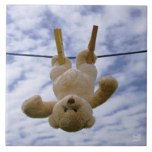 Waslijn met knuffelbeer die hangt te drogen. tegeltje