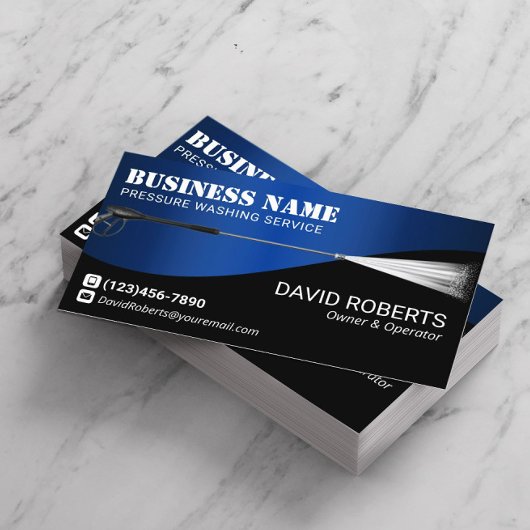 Wasreiniging blauw metaal onder druk visitekaartje