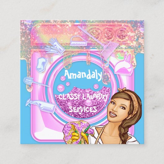 Wasreiniging wasgoed QRCode Blue Pink Vierkante Visitekaartje (Voorkant)