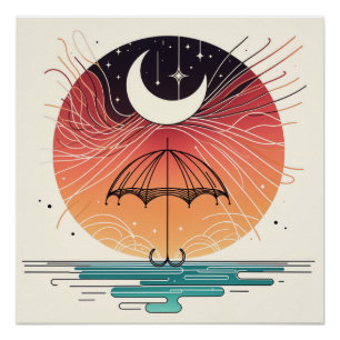 Wassende Maan Boven Paraplu met Sterrenregen Perfect Poster