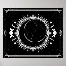 Wassende Maan en Zon met Sterren Zwart en Wit