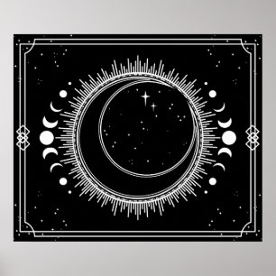 Wassende Maan en Zon met Sterren Zwart en Wit Poster