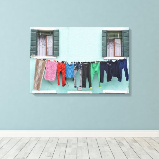 Wasserij drogen op waslijn canvas afdruk (Insitu (Houten vloer))