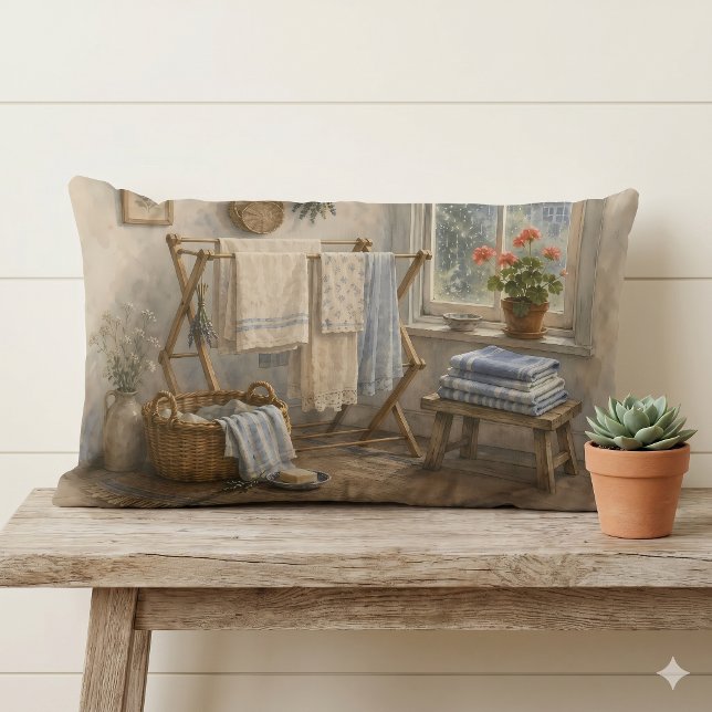 Wasserij van het Regenachtige Dag Cottage Kussen (Rainy Day Cottage Laundry Room Lumbar Pillow)