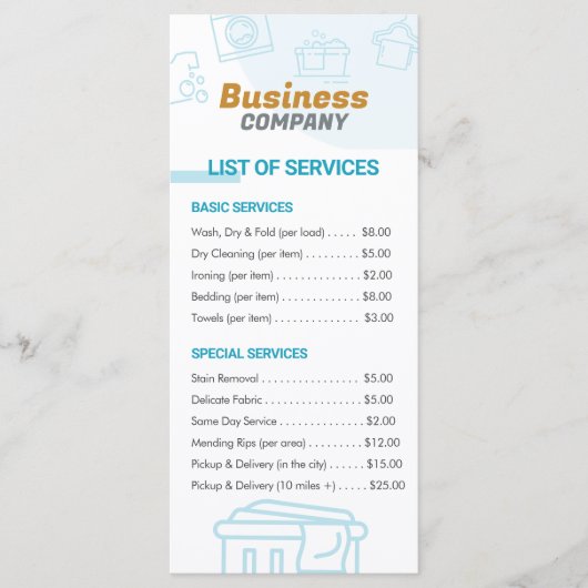 Wasserijdiensten Prijslijst van diensten Menu Kaar (Voorkant)