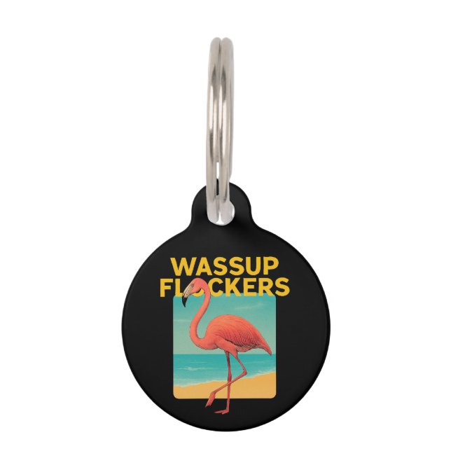 Wassup Flockers Grappig Flamingo Retro Beach Quote Huisdierpenning (Voorkant)