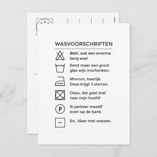 Wasvoorschriften met wijn, grappige tekst kaart (Voorkant / Achterkant)