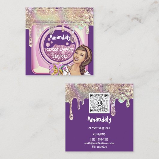 Waswasservice QR-code Paars Vierkante Visitekaartje (Voorkant / Achterkant)