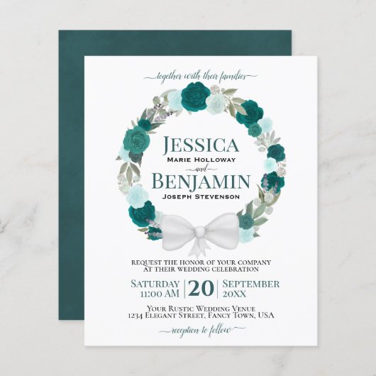 WAT Blauwgroen Rozen Elegant BUDGET Wedding Invite (Voorkant / Achterkant)