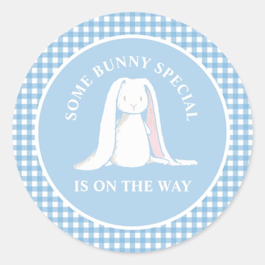 Wat Bunny blauw gingham baby shower Ronde Sticker (Voorkant)