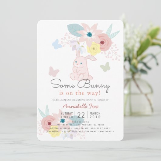 Wat Bunny Pink Floral Butterfly Baby shower Kaart (Staand voorkant)