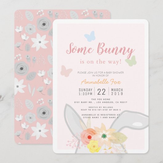 Wat Bunny Pink Grey Floral Butterfly Baby shower Kaart (Voorkant / Achterkant)