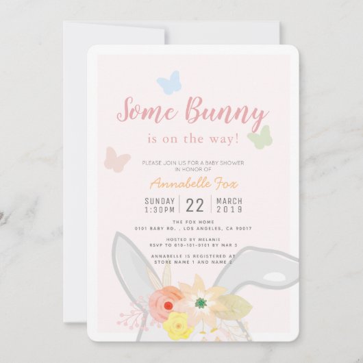 Wat Bunny Pink Grey Floral Butterfly Baby shower Kaart (Voorkant)