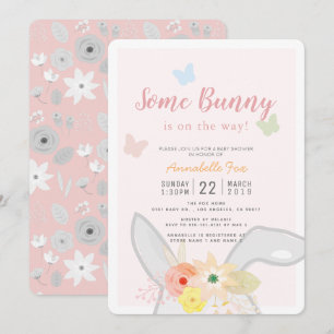Wat Bunny Pink Grey Floral Butterfly Baby shower Kaart