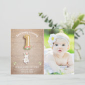 Wat Bunny Verjaardag Uitnodiging Meisje Eerste Roz (Staand voorkant)