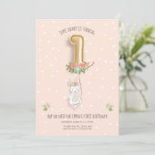 Wat Bunny Verjaardag Uitnodiging Meisje Eerste Roz (Staand voorkant)