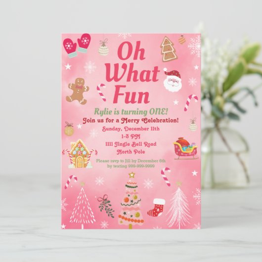 Wat een felroze kerstfeestdag uitnodigingen (Staand voorkant)