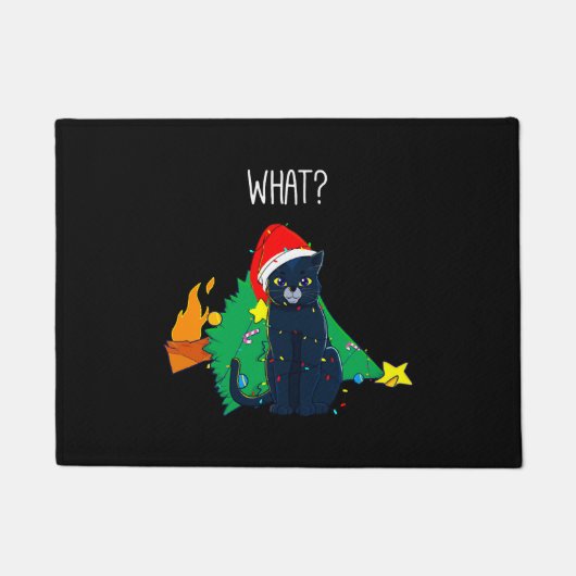 Wat een grappige zwarte kat kerstboom feest deurmat (Voorkant)
