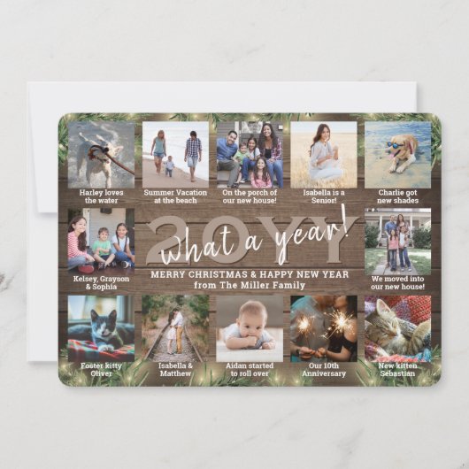 Wat een jaar! 12 Foto Kerstmis Greenery & Lights Feestdagenkaart (Voorkant)