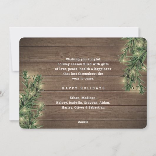 Wat een jaar! 12 Foto Kerstmis Greenery & Lights Feestdagenkaart (Achterkant)