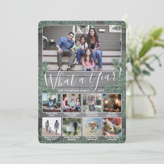 Wat een jaar! 9 Foto Kerstmis Greenery & Wood Feestdagenkaart (Staand voorkant)