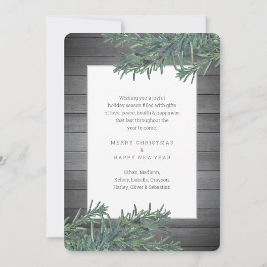 Wat een jaar! 9 Foto Kerstmis Greenery & Wood Feestdagenkaart (Achterkant)