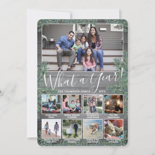 Wat een jaar! 9 Foto Kerstmis Greenery & Wood Feestdagenkaart (Voorkant)