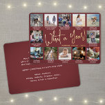 Wat een jaar! Bourgondië 12 Fotocollage en bijschr Folie Feestdagenkaart<br><div class="desc">Wat een jaar om te herinneren! Verstuur stijlvolle, vrolijke groeten en deel 12 van je favoriete afbeeldingen met een speciale 5x7 fotocollage burgundy en gouden folie vakantiekaart. De tekst op deze sjabloon is eenvoudig te personaliseren om het even welke tekst zoals Zure Kerstmis, Prettige feestdagen, Zegengroeten, de Kaas van het...</div>