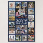 Wat een jaar familie fotocollage marineblauw feest legpuzzel<br><div class="desc">Wat een jaar om te herinneren! Viel de eenvoudige grappen van het gezin met een unieke en leuke foto-collage Holiday puzzle. Als u de voorkeur geeft aan een achtergrond of tekst in andere kleuren dan blauw, wit en grijs marineslein, zie de instructies hieronder. Het ontwerp kenmerkt elegante handgeschreven de kalligrafie...</div>