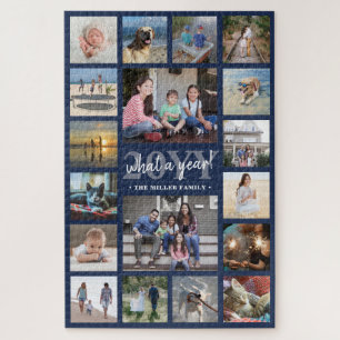 Wat een jaar familie fotocollage marineblauw feest legpuzzel