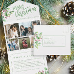 Wat een jaar foto botanische gebladerte kerstkaart all in one uitnodiging<br><div class="desc">Mooie kerst handgeschreven geborsteld groene kalligrafie script met 5 familie foto collage drievoud jaar in review vakantie kaart met uw aangepaste gepersonaliseerde tekst aan beide zijden met groene waterverf takken van botanische gebladerte met heilige bessen.</div>