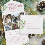 Wat een jaar foto botanische gebladerte kerstkaart all in one uitnodiging<br><div class="desc">Mooie kerst handgeschreven geborsteld kalligrafie script met 5 familie foto collage drievoud jaar in review vakantie kaart met uw aangepaste gepersonaliseerde tekst aan beide zijden met groene waterverf takken van botanisch gebladerte met heilige bessen.</div>