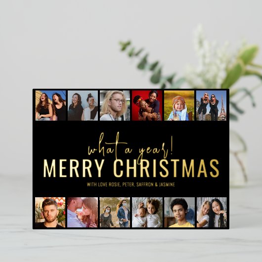 Wat een jaar! Foto collage | Kerstmis Folie Feestdagenkaart (Staand Voorkant)