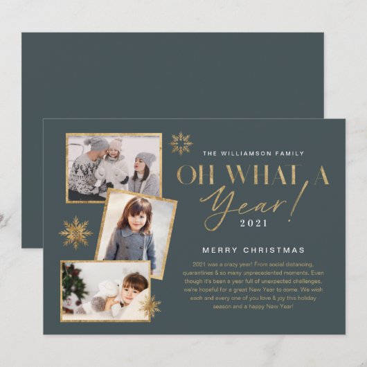 Wat een jaar! Foto jaar in Review Gold en grijs 3 Feestdagenkaart (Voorkant / Achterkant)