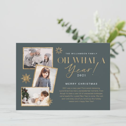 Wat een jaar! Foto jaar in Review Gold en grijs 3 Feestdagenkaart (Staand voorkant)