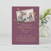 Wat een jaar! Foto jaar in Review Gold & Plum 1 Feestdagenkaart (Staand voorkant)