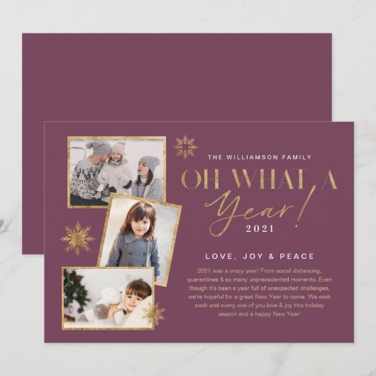 Wat een jaar! Foto jaar in Review Gold & Plum 3 Feestdagenkaart (Voorkant / Achterkant)