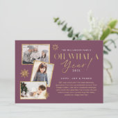 Wat een jaar! Foto jaar in Review Gold & Plum 3 Feestdagenkaart (Staand voorkant)